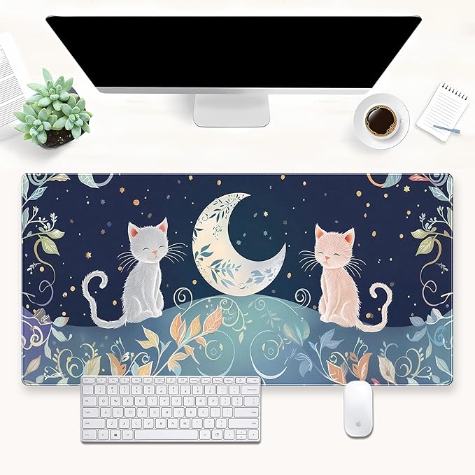 XL Desk Mat Large Gaming Mousepad with Cute Cat & Moon Design, Boho Plants & Nature Pattern, Non-Slip, Stitched Edges, for Keyboard and Mouse, 31.5 x 15.7 in