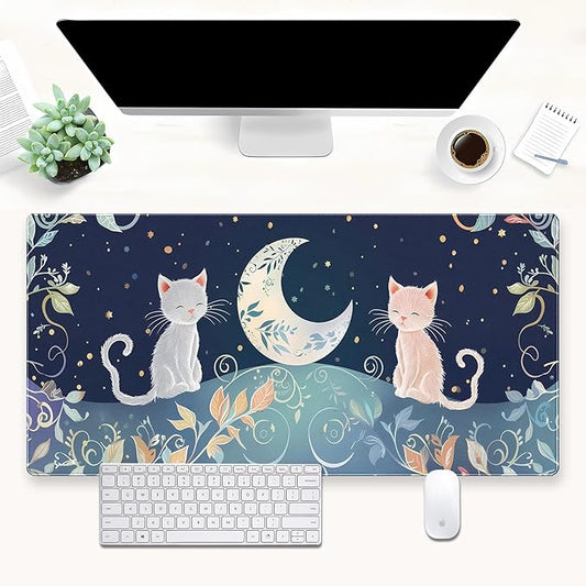 XL Desk Mat Large Gaming Mousepad with Cute Cat & Moon Design, Boho Plants & Nature Pattern, Non-Slip, Stitched Edges, for Keyboard and Mouse, 31.5 x 15.7 in