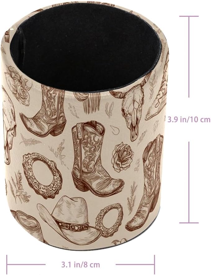 Western Cowboy Boots and Hats PVC Leather Circular Pencil Holder for Desk Organizer Stationery Holder for Office, School(3.9 x 3.1 Inches)