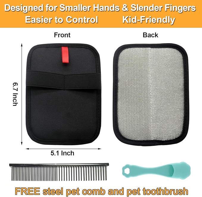 QVJFZUD Pet Hair Removal Glove for Small Hands, 2Pcs Electrostatic Dog Cat Hair Remover Gloves for Furniture Car Seat Couch, Reusable Grooming & Shedding Tool with Free Steel Comb & Toothbrush