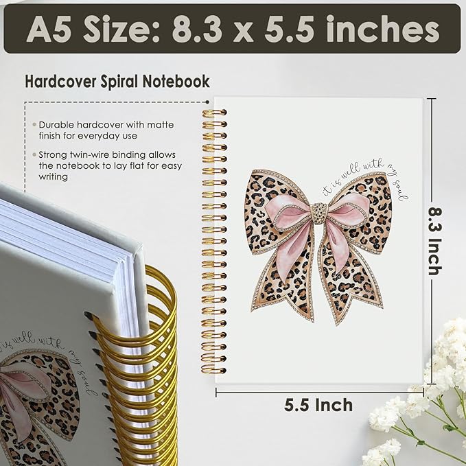 Leopard Coquette Bow Christian Spiral Notebook, Christian Notebook for Women, Religious Prayer Journal for Woman, It is Well with My Soul Scripture Hardcover Notebooks 5.5x8.3