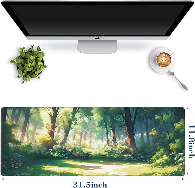 Anime Woodland Forest Mouse Pad Desk Mat XL Large Gaming Mousepad Extended Computer Keyboard Mat with Non-Slip Rubber Base and Stitched Edge 11.8 x 31.5 Inch for Gaming and Office Work