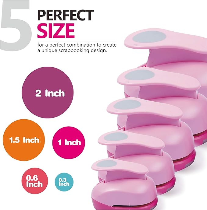 BearBoss 5 Pcs Craft Hole Punch, Handmade Scrapbook Paper Puncher, Different Size of Scrapbooking Punches Crafting Designs for Office Supplies, Card Making, DIY Albums Photos, Pink Color (Circle)