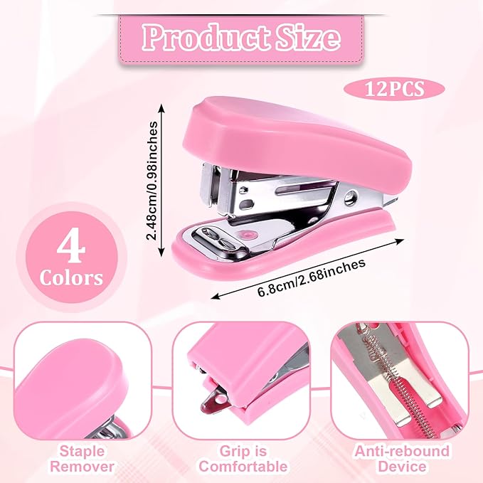 12 Pcs Mini Stapler with 12 Boxes Staple, Includes Built in Staple Remover, Desk Little Stapler for School Office Supplies (Blue, Green, Pink, Rose)