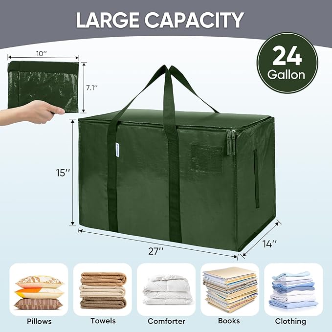 TICONN 4 Pack Extra Large Moving Bags with Zippers & Carrying Handles, Heavy-Duty Storage Tote Moving Boxes for Space Saving (4 Pack, Olive)