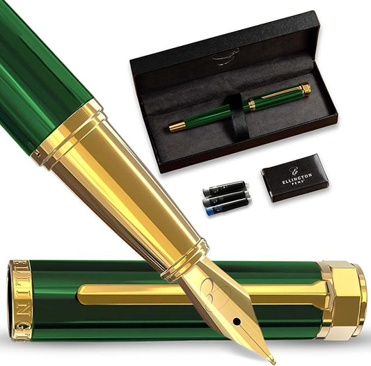 Ellington Pens Luxury Fountain Pen Set - Extra Fine Nib - Includes 3 Ink Cartridges, Refillable Ink Converter, Box - Fountain Pens For Writing, Calligraphy, Journaling, Sketching (Emerald Enigma)