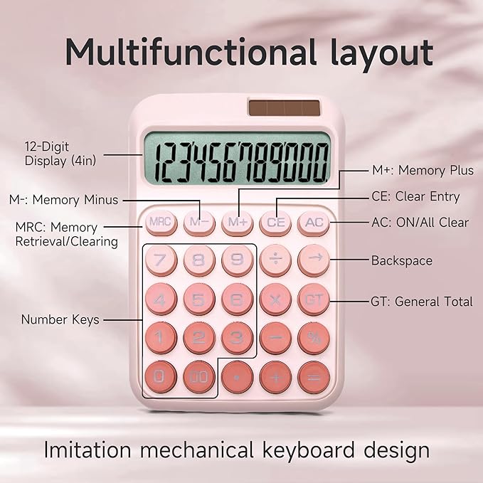 Desk Calculator,12 Digits, Large LCD Display,Big Buttons,Solar and Battery Dual Power Desktop Calculators,Cute and Aesthetic (Ombre Pink, M)
