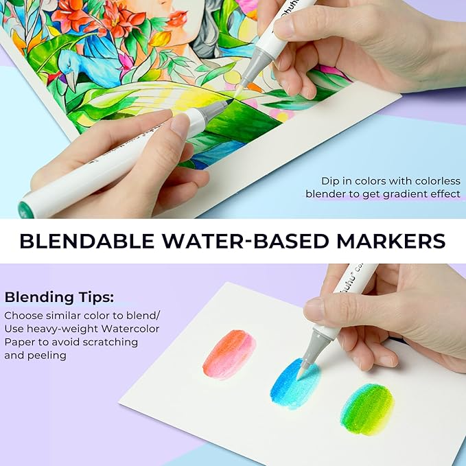 Ohuhu Markers for Adult Coloring Books No Bleeding 60 Colors Water-based Dual Tips Brush & Chisel Coloring Markers for Kids Adults Beginners Drawing Pens for Journaling Lettering