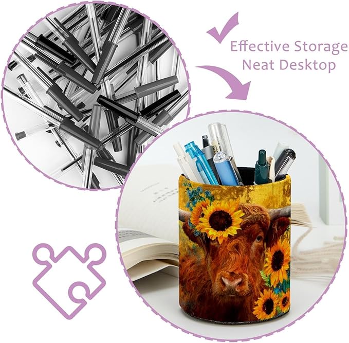 Watercolor Art Yak PVC Leather Circular Pencil Holder for Desk Organizer Stationery Holder for Office, School(3.9 x 3.1 Inches)