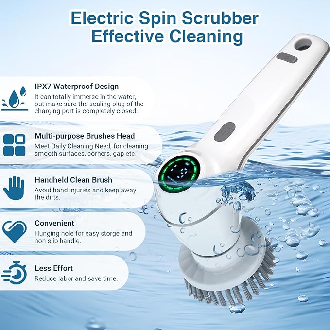 Electric Spin Scrubber, Cordless Shower Scrubber Handheld Electric Spin Scrubber for Cleaning with Display IPX7 Waterproof, Electric Cleaning Brush with 7 Replaceable Heads for Kitchen Tub Tile Sink