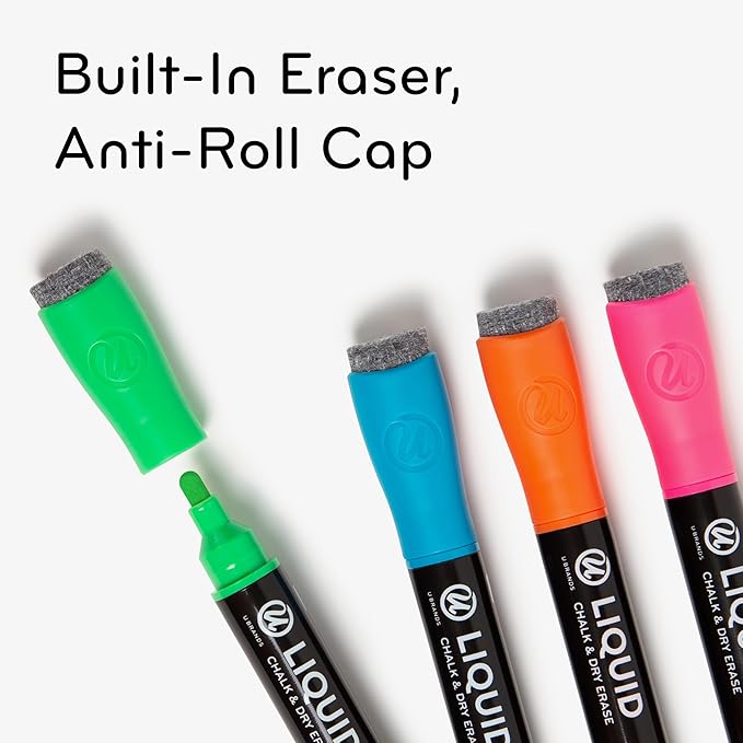 U Brands Liquid Chalk Markers For Blackboard, Chalk Board, and Dry Erase Boards, with Eraser, Assorted Bright Colors, Set of 4