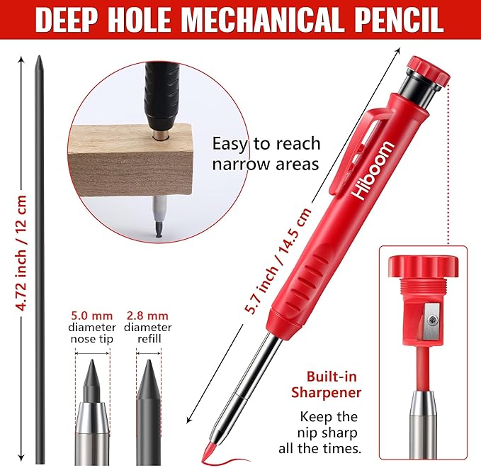 Hiboom 3 Pack Solid Carpenter Pencils with Pencil Cap and 21 Pcs Refills, Deep Hole Mechanical Pencil Marker with Built in Sharpener for Carpenter Woodworking Architect