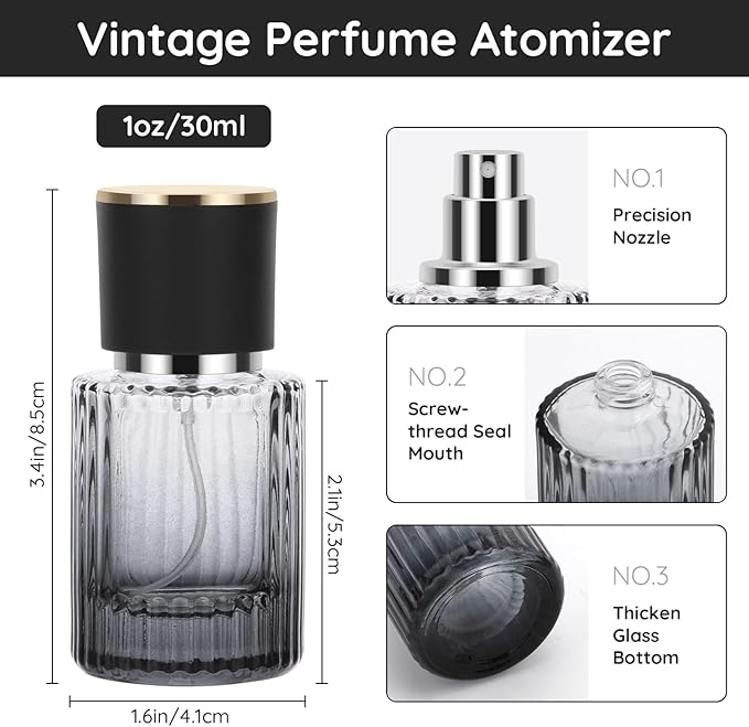 Segbeauty 30ml Fine Mist Spray Bottle with Perfume Refill Kit, 1oz Black Refillable Perfume Atomizer Bottle for Travel, 2pcs Empty Vintage Glass Travel Bottles for Toiletry, Cologne Atomizer for Men