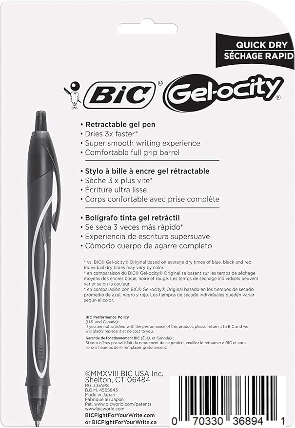 BIC Gelocity Quick Dry Assorted Colors Gel Pens, Medium Point (0.7mm), Retractable Colored Pens with Comfortable Grip, Pack of 8