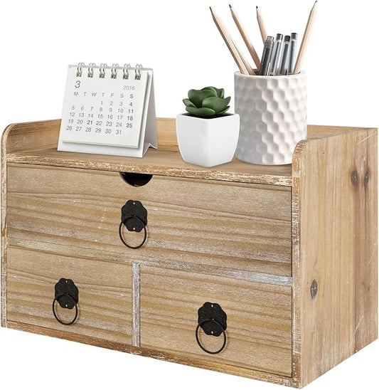 Washed White Wood Desk Organizer, Mini Desktop Organizer with Drawers, Tabletop Storage Organization for Home Office Supplies Vanity, No Assembly Required (3 Drawer and Shelf)