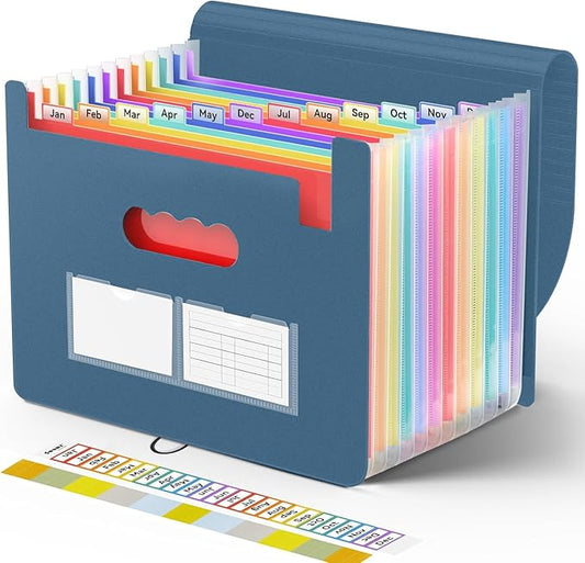 Sooez Accordion File Organizer, 13 Pockets Expanding File Folder, Portable Monthly Paper Bill Tax Receipt Organizer, Letter A4 Size Document Holder with Blank Labels