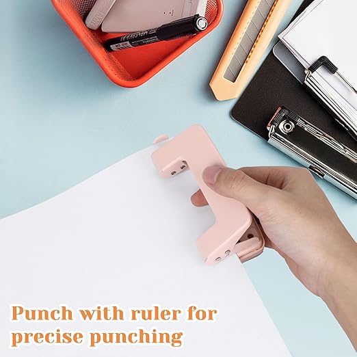 2 Hole Punch 1/4" with Ruler Paper, Pink Two Hole Punch, 2 Holes Puncher for File Folder, Metal Manual Low Force Looseleaf Double Punch Capacity 10 Sheet for A4/A5/B5 for Office and Home