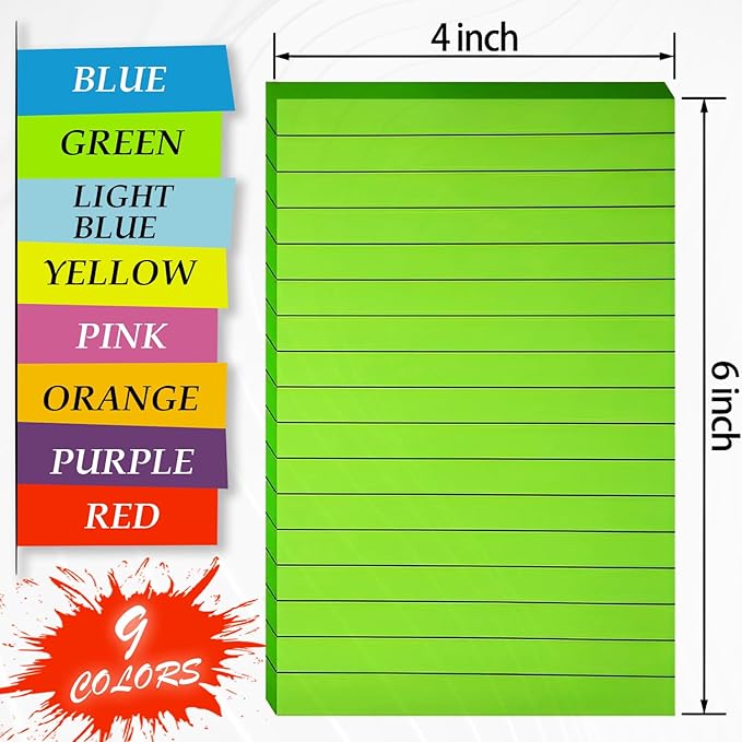 (9 Pack) Lined Sticky Notes Pads, 9 Bright Colors Post Sticky Notes 4x6 Inches, Super Sticking Power Memo Pads, Strong Adhesive and Aesthetic, Sticky Notes Perfect for Office,School,Meeting and Home.