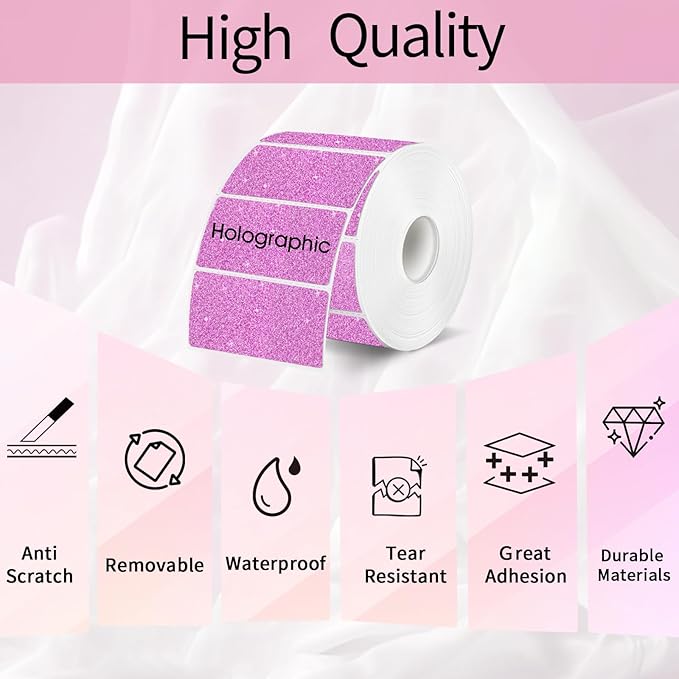 2.25"x1.25" Holographic Thermal Labels Stickers, Glitter Direct Thermal Printer Labels, Waterproof Self-Adhesive Address Shipping Label Stickers, 300 Sheet/ 1 Roll, Holographic Shiny Pink