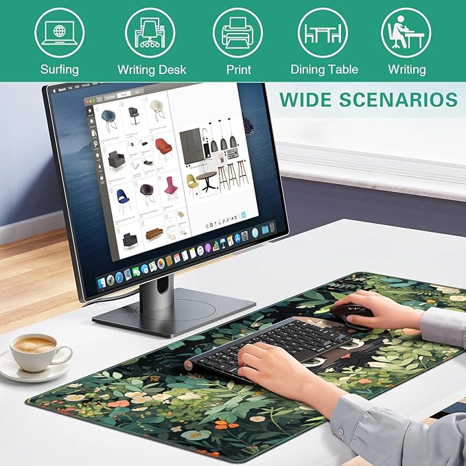 Anime Cat Mouse Pad Green Desk Mat, Kawaii XXL Large Mouse Pad Keyboard with Stitched Edges Non-Slip, 35.4×15.7in Mousepad Mat for Desktop Computer Laptop Office Women Decor Game Funny