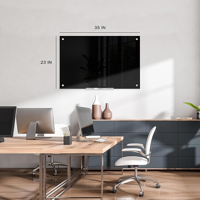 U Brands Glass Dry Erase Board, 24" x 36", Black Surface with Silver Grommets, Frameless, Includes Marker with Built-in Eraser