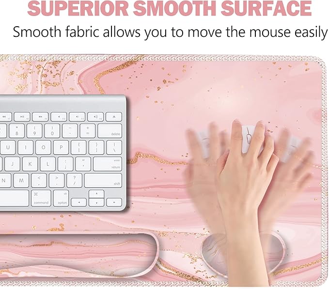 ARTSO Extended Gaming Mouse Pad Set, Keyboard Wrist Rest Support Pad + Wrist Cushion + XXL Large Mouse Pad + Coaster, Stitched Edge, Non-Slip, Memory Foam Desk Mat, Pink Gold Marble