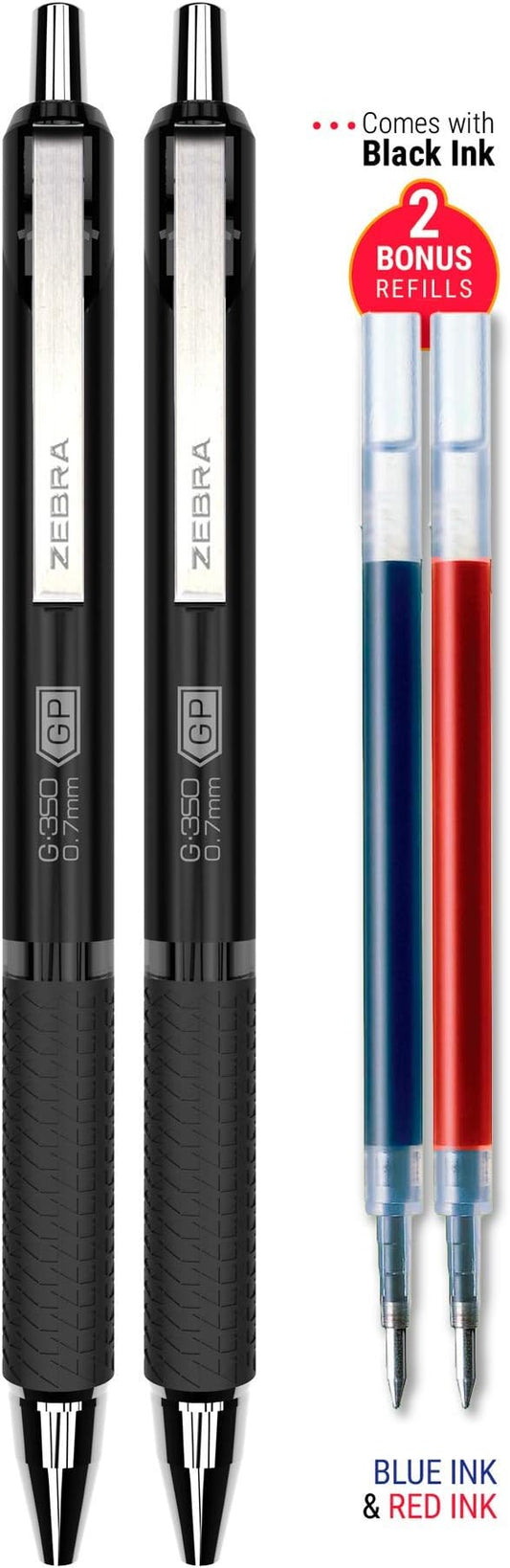 Zebra Pen G-350 Gel Pens 2-Pack, Black Ink, 0.7mm Medium Point, Space Black Premium Metal Barrel, Rapid Dry Ink, Textured Rubber Grip, Secure Metal Clip, Includes 2 Refills (40112)