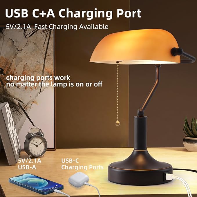 Vintage Bankers Desk Lamp with Pull Chain Switch, Traditional Desk Lamp with USB A and Type C Charging Port, Oil Rubbed Bronze Table Lamp with Amber Glass Shade for Office, Library, Study Room