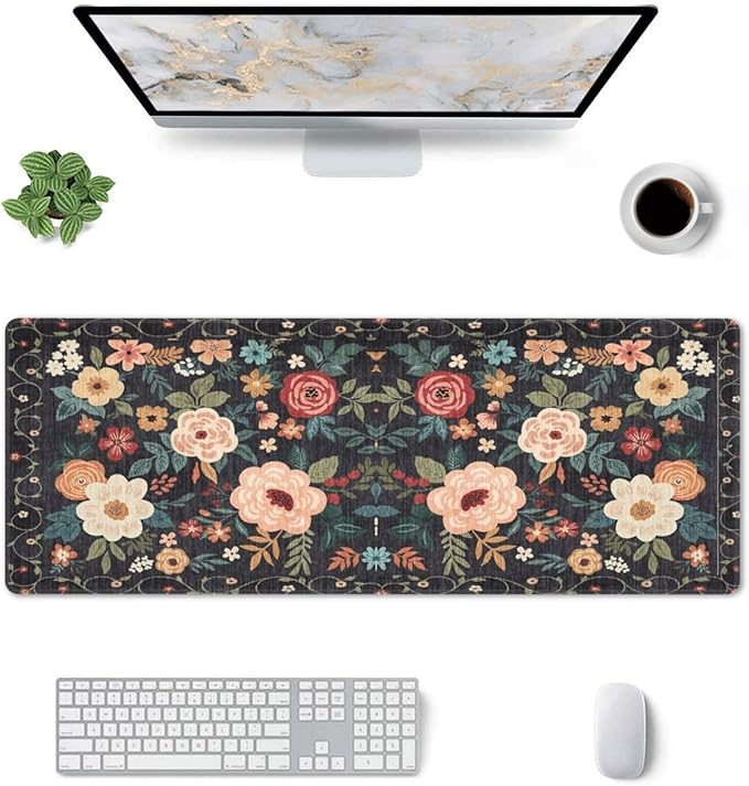 Gaming Mouse Pad, Large Non-Slip Rubber Base Mousepad, Keyboard Mouse Mat, Desk Pad with Stitched Edges, 31.5x11.8inch, Wilde Flower