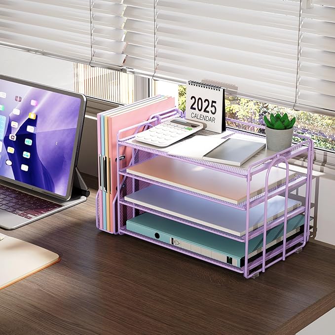 gianotter 4-Tier Paper Organizer With Magazine Holder, Desk Organizers and Accessories, File Organizer for Office Supplies Storag (Purple)