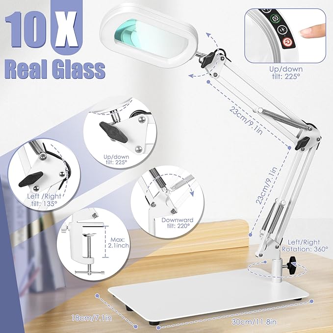 Drdefi 10X Square Magnifying Glass with Light and Stand, Real Glass LED Lighted Magnifier, 5 Color Modes Stepless Dimmable, Hands-Free Mag Desk Lamp with Clamp for Reading Craft Hobby Close Work White