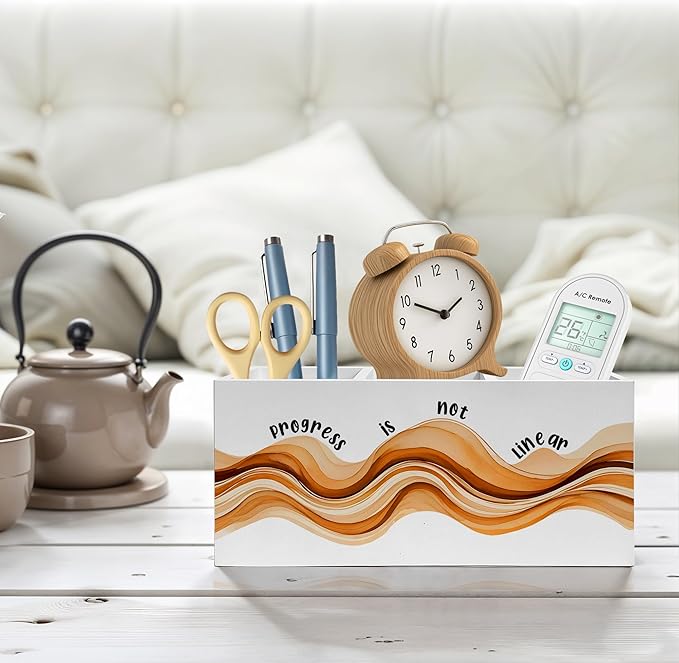 Inspirational Mental Health Pencil Pen Holder for Desk, Progress Is Not Linear Wooden Pencil Holder Organizer for Therapy Office Desk Accessories, School Counselor Office Must Haves