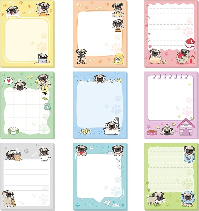 Sabary 9 Pads Cute Sticky Notes Animal Sticky Note Pads 3.15 x 3.94 Inches Colored Adhesive Memo Reminder Decor for Journal School Office Gifts(Pug)