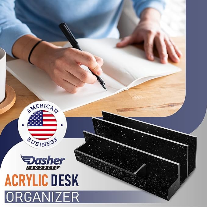 Acrylic Desk Organizer for Office Supplies and Desk Accessories, 12.5” x 5.5” x 4” and 5mm Acrylic Valet to Organize Documents, Files, Paper Clips, Sticky Notes, Tablet, Other Storage (Black Glitter)