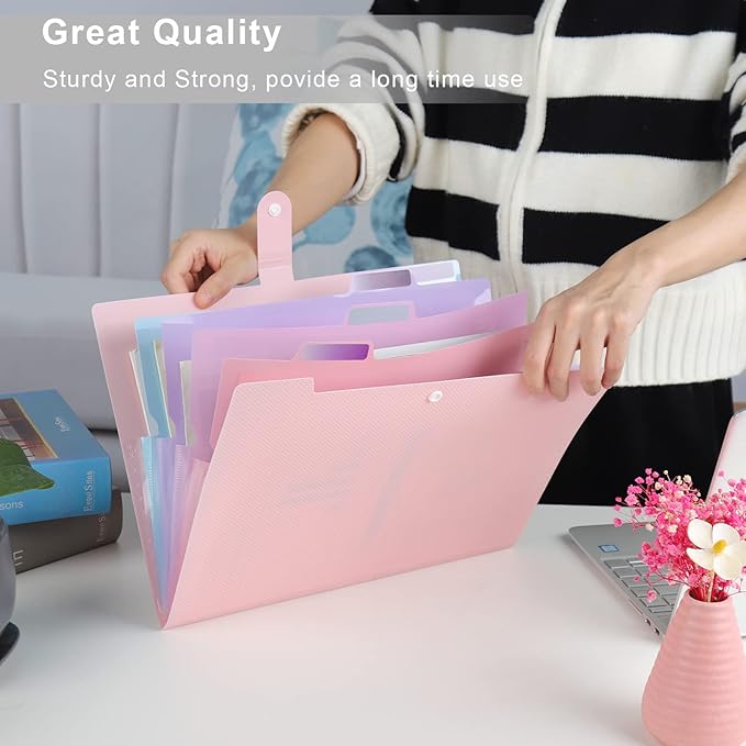 NAFY Colorful Expanding File Folder, 5 Pockets Folder with Colored Labels Portable Weave Pattern Accordion File Folder A4 Letter Size Project Organizer Document Folder for Office School (Pink)