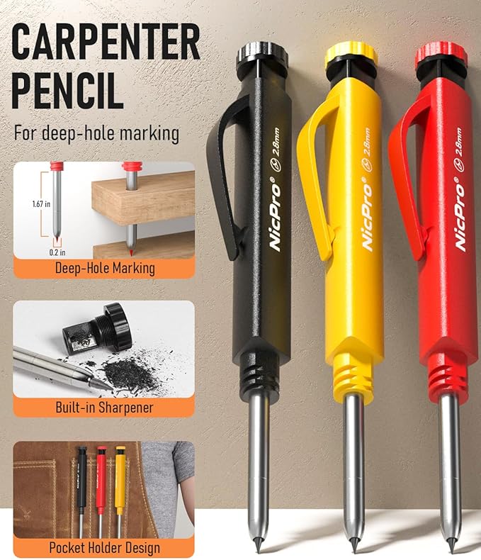 Nicpro 3 Pack Carpenter Pencil Set with Sharpener & Finger Grip, Mechanical Woodworking Pencils with 39 Refills (Red, Black, Yellow), Deep Hole Marker Heavy Duty Construction Pencils - With Case