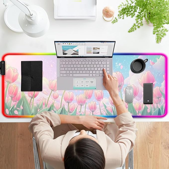 RGB Pink Flower Tulips Gaming Desk Mat, Computer Keyboard Large Extended Long Floral LED Mouse Pad for Office and Home, XL (W30)