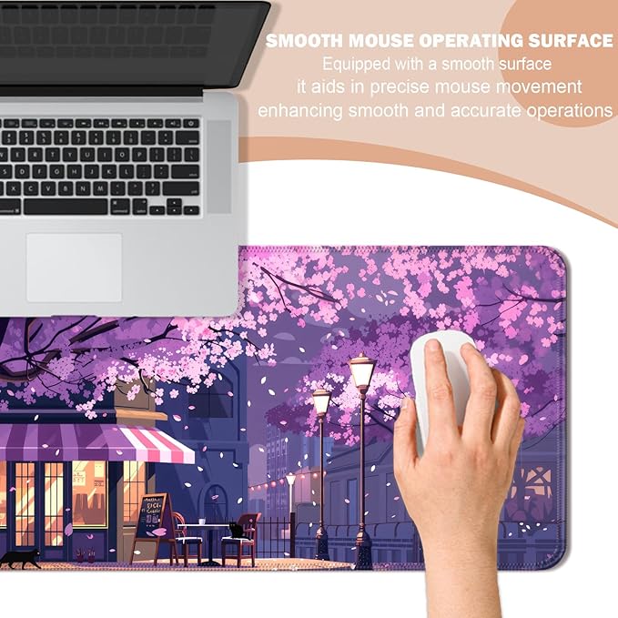 Japanese Purple Cherry Blossoms and Cat Gaming Desk Mat, Extended Large Romantic Street Scene Aesthetic Mouse Pad, Computer Keyboard Laptop Mousepad for Work, Office and Home, XL
