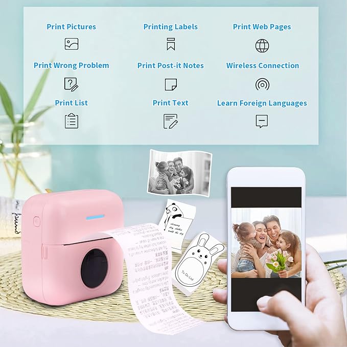 HuiJuKeJi Mini Sticker Printer Bluetooth Smart Pocket Inkless Thermal Printer with 11 Rolls Thermal Paper and Sticker for iOS&Android, Portable Receipt Printer for Photo Journal Notes Memo