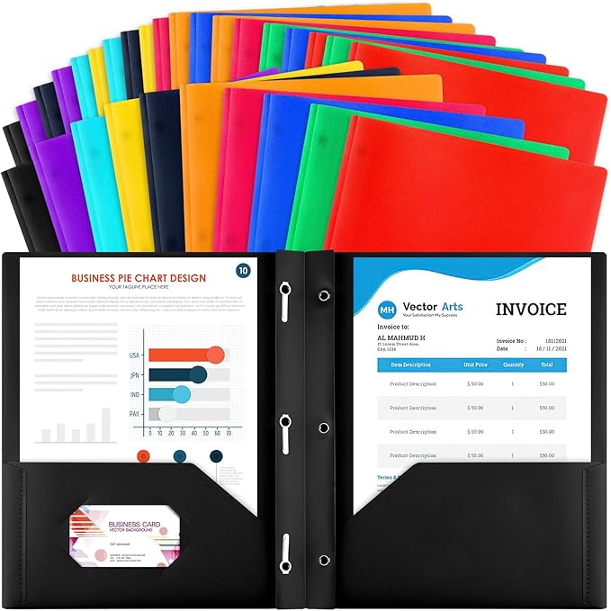 30 Pack Plastic Folders With 2 Pockets, Colorful Letter Size File Folders With Prongs and Business Card Slots for School Office