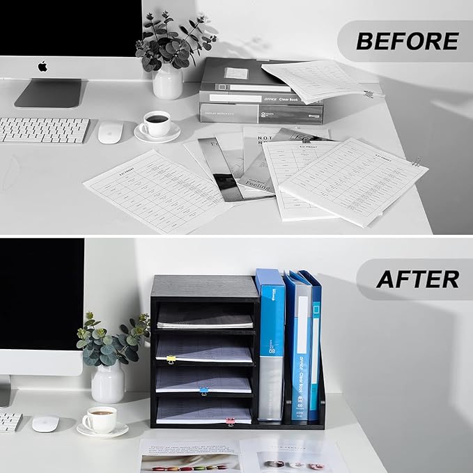 PAG Wood Desktop File Holder Organizer Mail Sorter for File Folders, Mails, Envelopes, Mailing Supplies or Magazines, Black