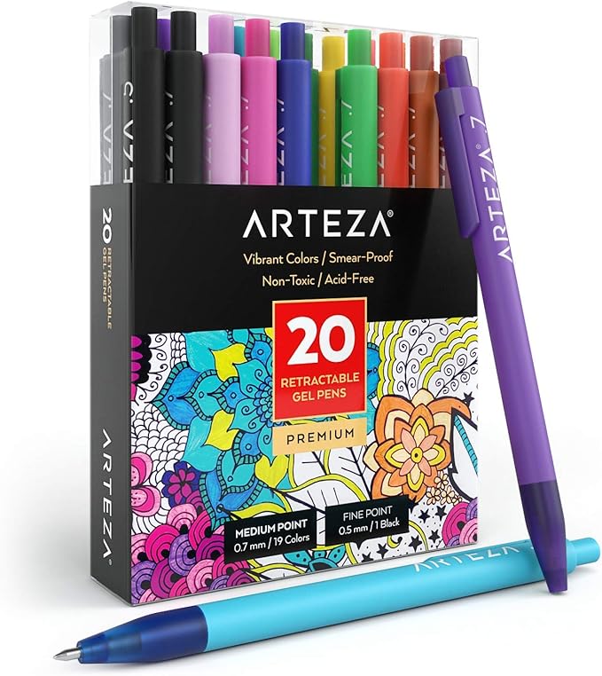 ARTEZA Gel Pens Colored Set of 20, Retractable Pens Assorted Colors for Writing in a Notebook, Journal, Planner