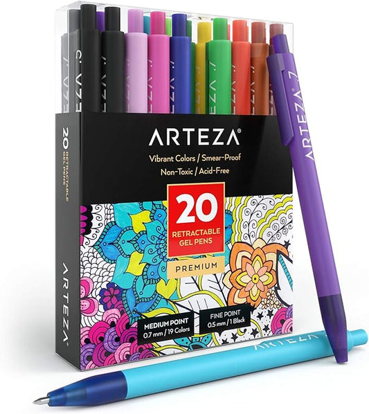 ARTEZA Gel Pens Colored Set of 20, Retractable Pens Assorted Colors for Writing in a Notebook, Journal, Planner
