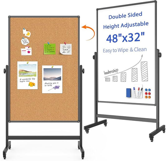 Double-Sided Whiteboard and Corkboard on Wheels, 48 x 32 Inch Magnetic Dry Erase Board with Adjustable Height Stand, Rolling Mobile Board for Office, Classroom, Presentation & Planning (Cork & Black)
