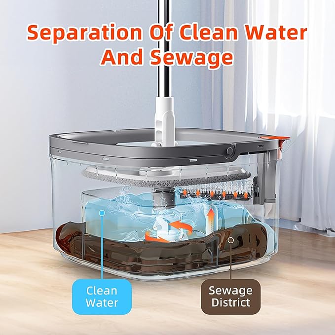 Spin Mop and Bucket Set with Self Separation System 360° Spinning Self-Wringing, Mops and Buckets for Floor Cleaning-with Replaceable Mop Cloths-2Pads-Dark Gray