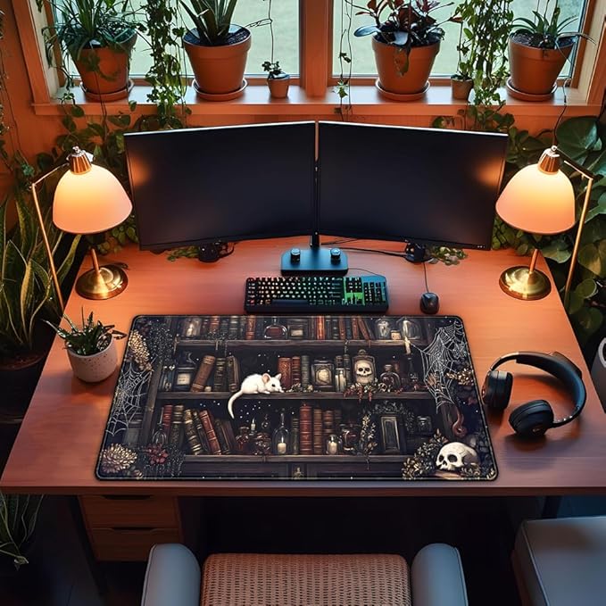 Dark Witchy Desk Mat Gaming Desk Pad Large Mouse Pad, Magician'S Fantasy Bookcase Gothic Mouse Mat XXL Laptop Keyboard Pad, Laptop Keyboard and Mouse Mat Desktop Protector Mat 31.5 X 15.7 in