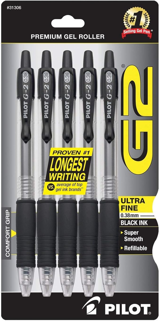 Pilot, G2 Premium Gel Roller Pens, Ultra Fine Point Gel Pens 0.38 mm, Pack of 5, Black
