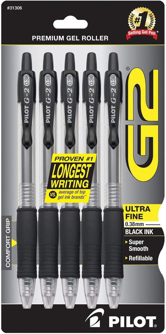 Pilot, G2 Premium Gel Roller Pens, Ultra Fine Point Gel Pens 0.38 mm, Pack of 5, Black