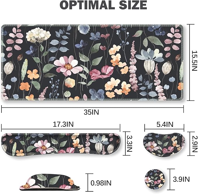 ARTSO Gaming Mouse Pad Wrist Support Set, XXL Large Desk Mat Mousepad + Keyboard Wrist Support+ Mouse Wrist Rest+Coaster 4in1 Ergonomic, Memory Foam, Stitched Edge for Home Office -Flowers Plants
