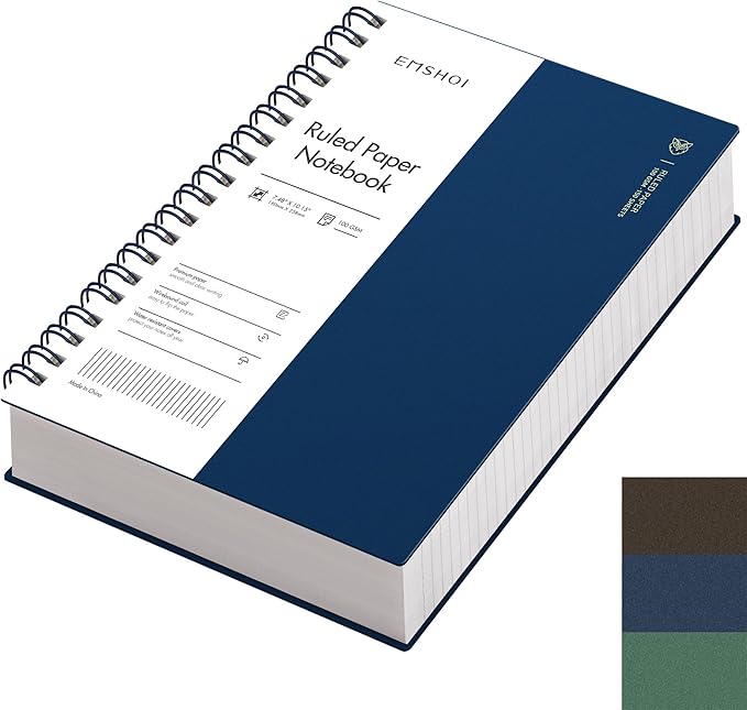 EMSHOI B5 Spiral Notebook College Ruled Lined Journal, Large 7.48" X 10.15", 300 Pages/150 Sheets, 100gsm Thick Paper, Waterproof Hardcover, for Office School Women Men Work Writing Notes, Blue